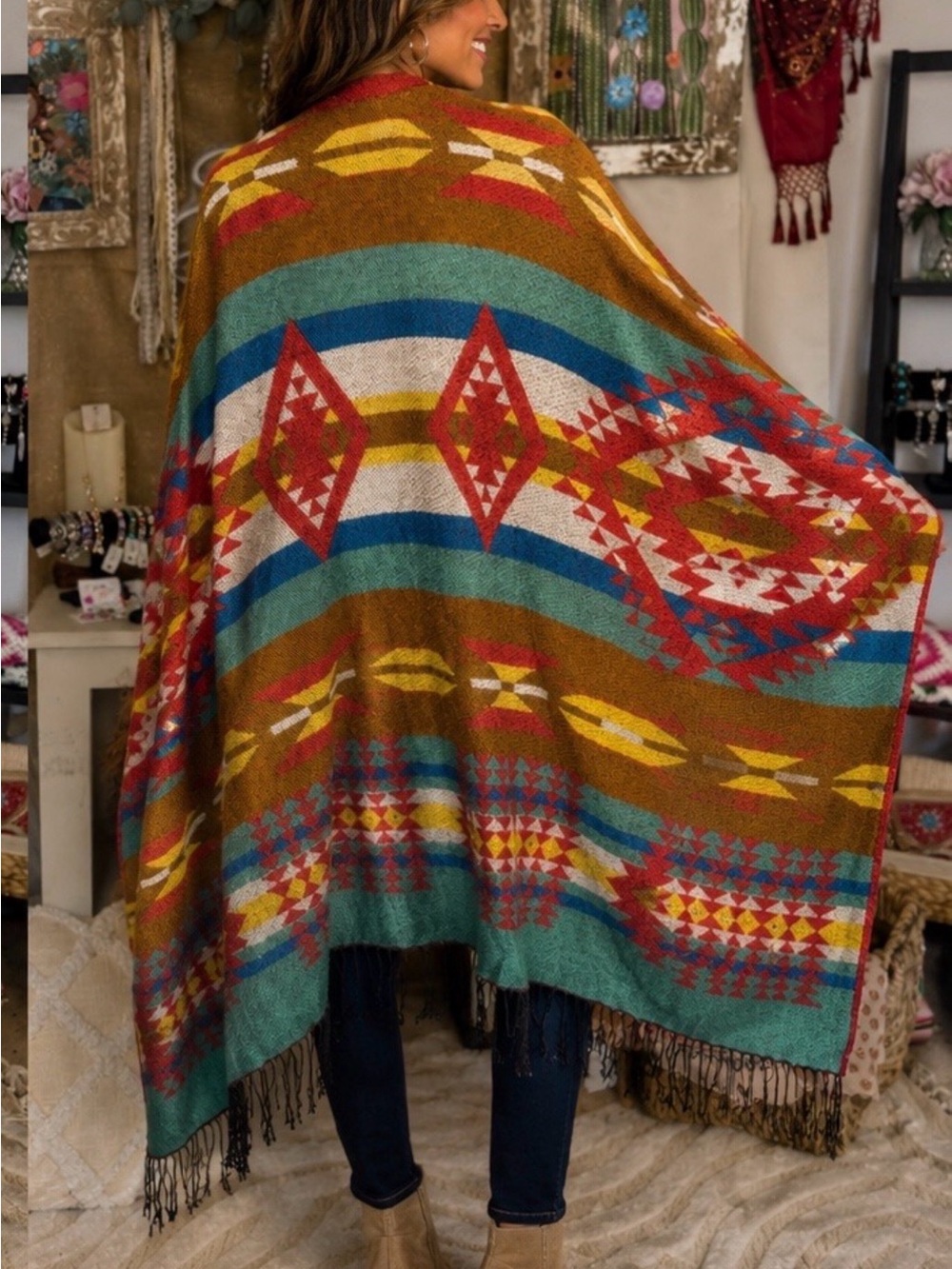 Boho Aztec Fringe Ruana - Multicolor - Picture 6 of 6